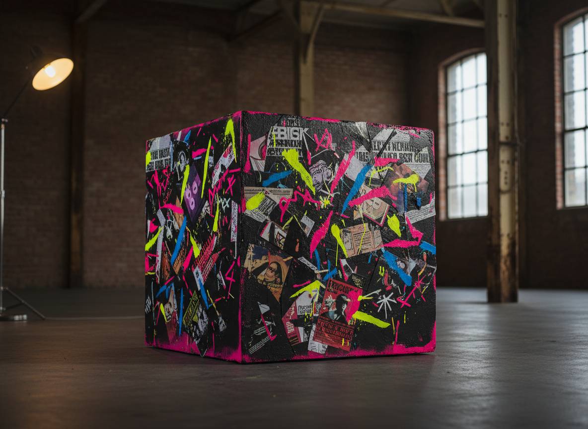A bold, square concrete pedestal painted in distressed black and neon magenta sits in the center of a dim urban loft, its surfaces covered with layered fragments of album covers, manga panels, and tabloid headlines torn into sharp geometric shapes. Fluorescent spray-paint splatters slash across the collage like visual graffiti. Harsh side lighting from a single industrial lamp carves deep shadows and gleaming highlights along the edges, emphasizing the raw textures of paper, paint, and chipped cement. Shot at eye level with a shallow depth of field, the background recedes into a soft blur of exposed brick and metal beams, creating a photographic realism that feels confrontational, energetic, and unapologetically ‘teppismo culturale’—the square altar of cultural vandalism.