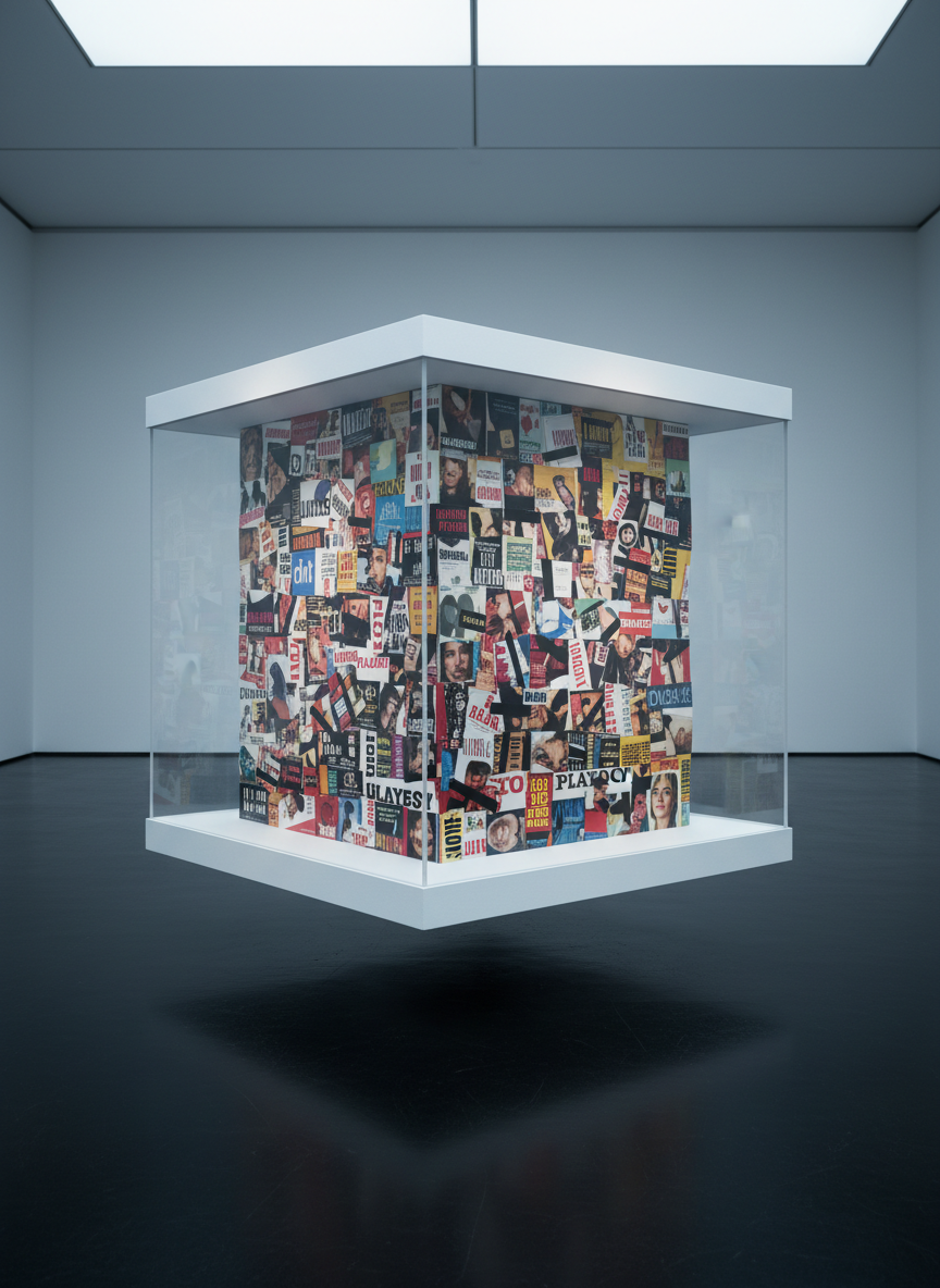 A perfectly symmetrical, white cube display case with razor-sharp edges floats slightly above a reflective black floor in a stark gallery space. Inside the cube, banned book covers, censored movie posters, and controversial magazine spreads are neatly sliced into exact squares and reassembled into a chaotic mosaic that defies its orderly container. Cold, overcast-style diffused light from an invisible skylight washes over the scene, creating soft reflections on the glass and a subtle halo around the cube. Photographic realism captures every printed letter and scuffed corner. Shot from a slightly low angle using the rule of thirds, the mood is tense, intellectual, and defiantly bold, embodying the paradoxical “quadrato del teppismo culturale” locked inside minimalist perfection.