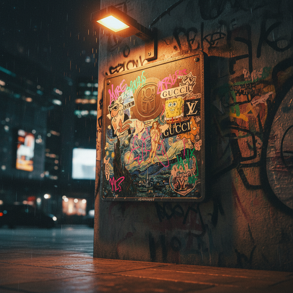 A battered metal street sign in the shape of a square hangs crooked on a graffiti-soaked concrete wall at night. The sign once displayed a clean cultural institution logo, now aggressively overpainted with clashing stickers of high art masterpieces, cartoon characters, luxury brand logos, and zine graphics, all partially ripped and overtagged with fluorescent marker scrawls. A single harsh sodium-vapor streetlight casts gritty, amber-toned illumination from above, creating dramatic shadows and a cinematic glow on the wet pavement below. Captured in photographic realism from a close, slightly tilted angle, with the background dissolving into bokeh city lights, the composition feels raw, rebellious, and electric—an urban manifesto of cultural hooliganism framed within one defiant square.
