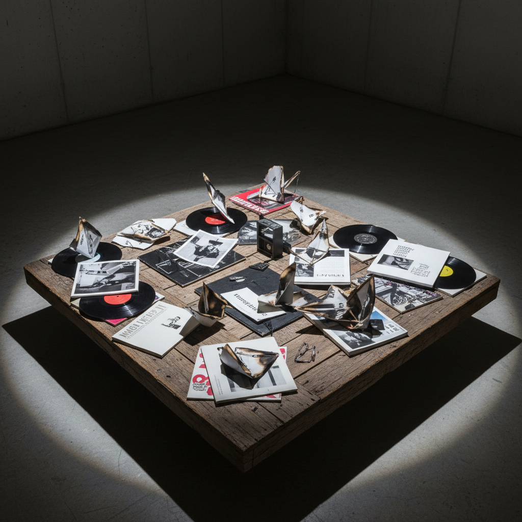 A low, square coffee table made from rough reclaimed wood stands in the middle of a stark concrete room, its surface transformed into a battlefield of cultural artifacts. Vinyl records, art catalogs, fashion lookbooks, underground comics, and academic journals are all sliced, folded, and stapled into aggressive origami-like structures, some burned at the edges or pierced by safety pins. A single overhead spotlight creates a hard-edged circle of white light, leaving the rest of the room in moody shadow, like an interrogation scene. Photographic realism emphasizes the grain of the wood, the fibers of the torn paper, and the glossy ink of printed images. Shot from a high, slightly off-center angle, the composition feels analytical yet chaotic, capturing the bold tension of “teppismo culturale” dissected on a square stage.